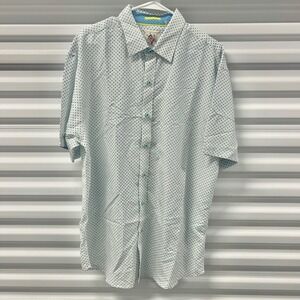 Marti Kat Mens Short Sleeve Button Up Shirt Light Blue Dot Print Graphic Cat